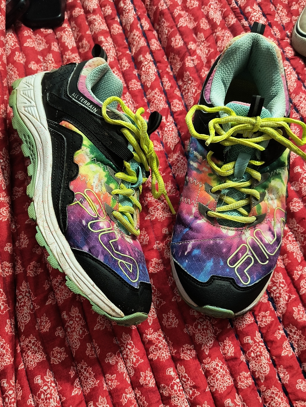 Fila Rainbow Tie-Dye Trail Sneakers with Neon Yellow Laces